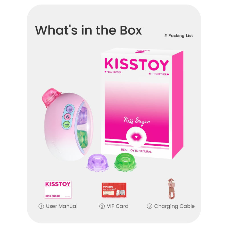 KISSTOY Kiss Sugar Air Plus box contents showing vibrator, packaging, interchangeable purple and green tips, and accessories