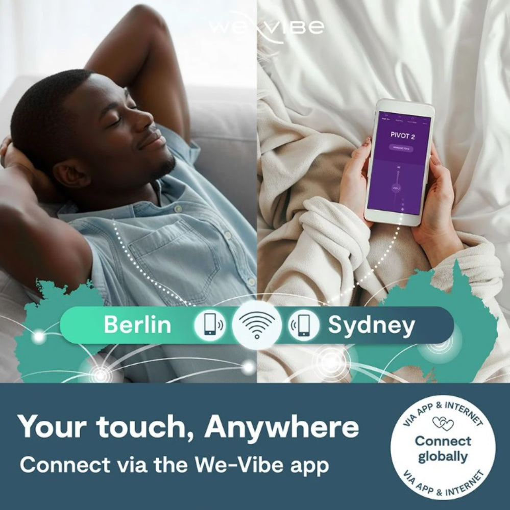 We-Vibe app, with text 'Your touch, Anywhere' and 'Connect via the We-Vibe app'.