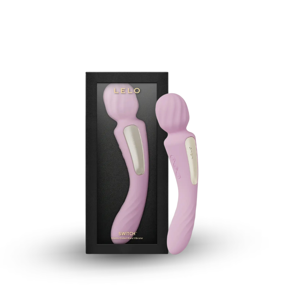 Lelo Switch Soft Pink double-sided wand vibrator displayed with black box packaging.