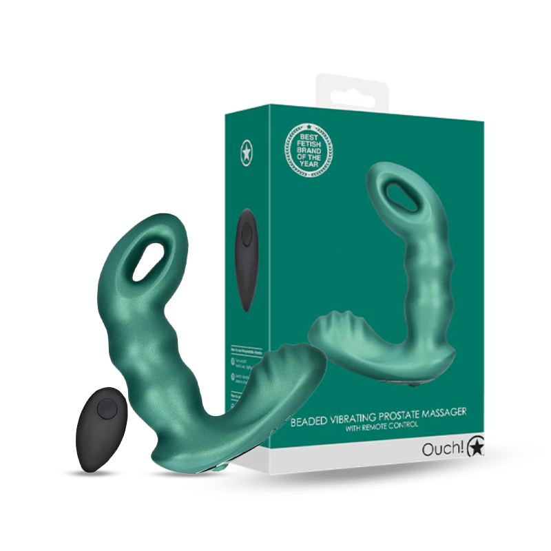 SHOTS Ouch! Beaded Vibrating Prostate Massager with Remote Control - Metallic Green