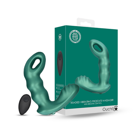 SHOTS Ouch! Beaded Vibrating Prostate Massager with Remote Control - Metallic Green