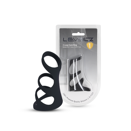 LEVELZ 3-Loop Silicone Cock Ring in black, shown beside retail packaging with the three connected loops visible.