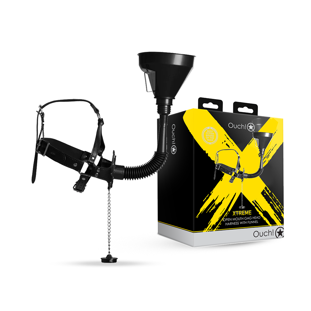 SHOTS Ouch! Open Mouth Gag Head Harness with Funnel - Black