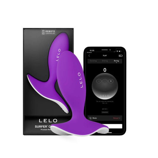 App-controlled prostate vibrator with smartphone interface beside product box for smart pleasure.