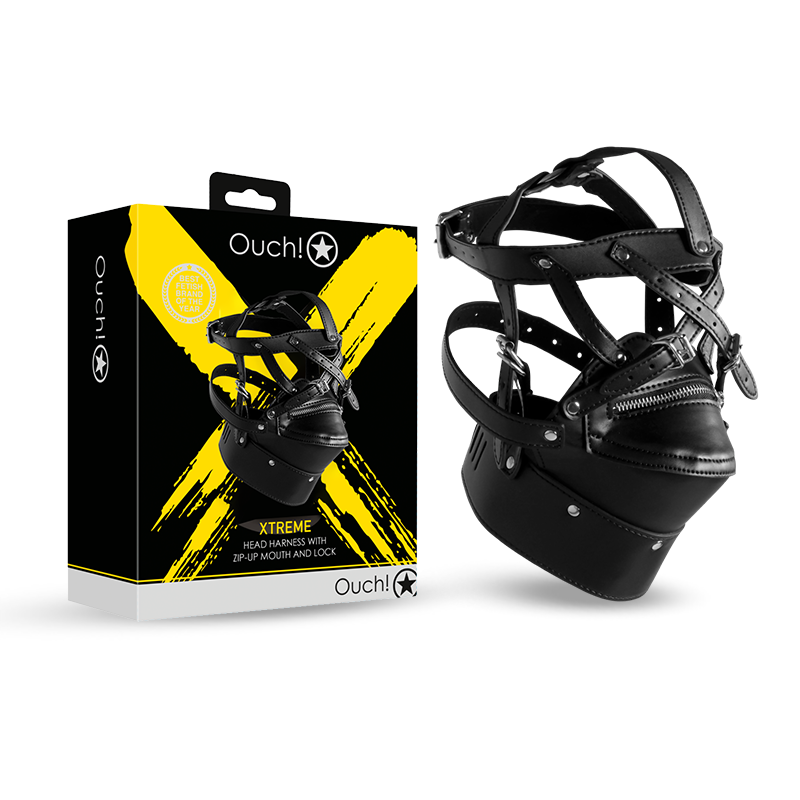 SHOTS Ouch!  Head Harness with Zip-up Mouth and Lock - Black