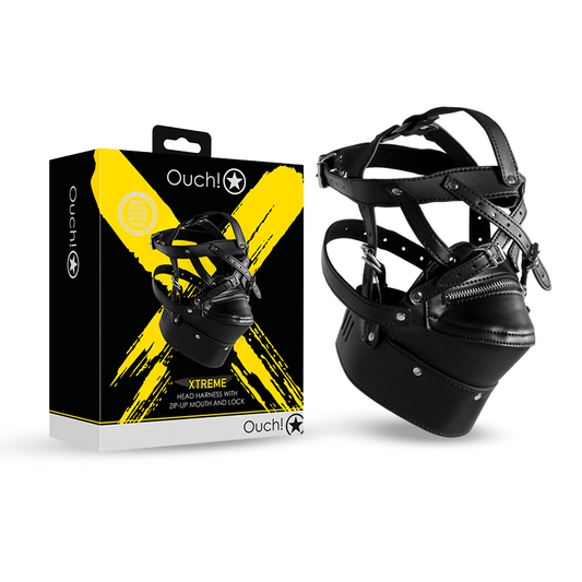 SHOTS Ouch!  Head Harness with Zip-up Mouth and Lock - Black