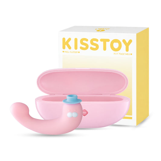 KISSTOY pink G-spot and clitoral suction vibrator with matching pink storage case and product box.