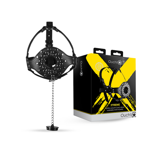 SHOTS Ouch! Open Mouth Gag Head Harness with Plug Stopper - Black