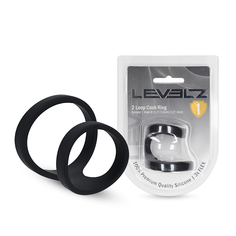 LEVELZ 2-Loop Silicone Cock Ring in black, shown with retail packaging and the two connected silicone loops.