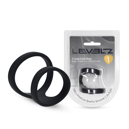 LEVELZ 2-Loop Silicone Cock Ring in black, shown with retail packaging and the two connected silicone loops.