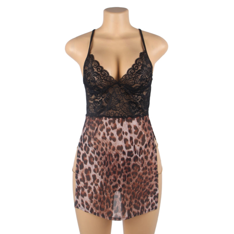 Babydoll - 2 Pcs Leopard Lace Side Slit Lingerie With Chains