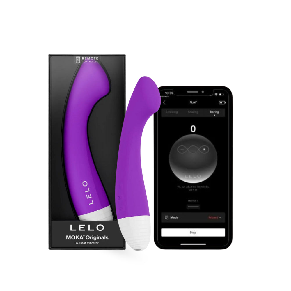 LELO purple G-spot vibrator with app control shown beside packaging and smartphone.