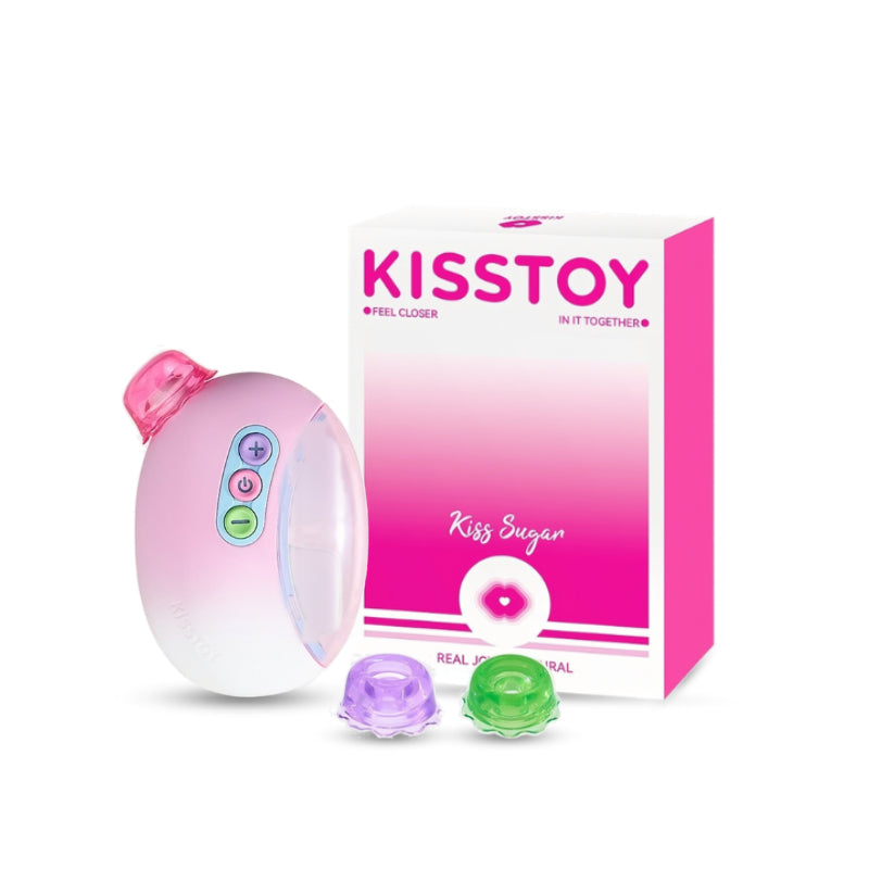 KISSTOY Kiss Sugar Air Plus dual-tip app-controlled suction vibrator with pink and white body, packaging, and interchangeable purple and green tips