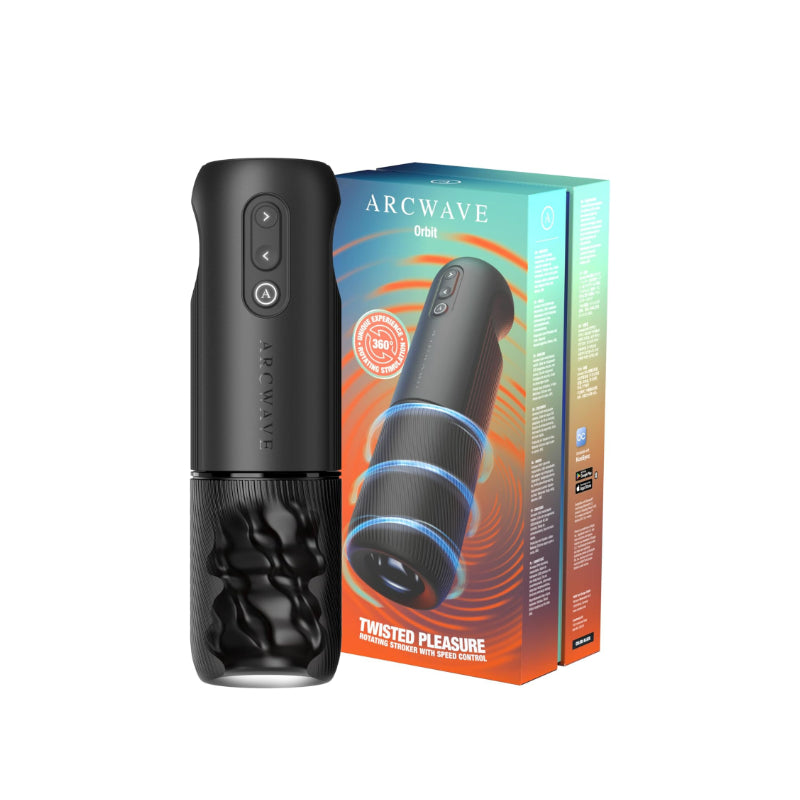 Arcwave Orbit Rotating Male Masturbator with textured sleeve and retail packaging displayed on Shopify product page.