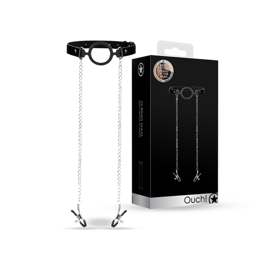 SHOTS Ouch! O-Ring Ball Gag with Nipple Clamps