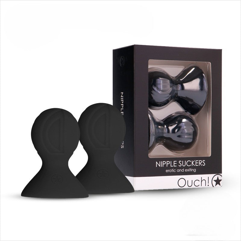 A pair of black silicone nipple suckers designed to create gentle vacuum suction for nipple stimulation, enlargement, and heightened sensitivity.