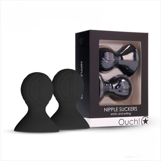 A pair of black silicone nipple suckers designed to create gentle vacuum suction for nipple stimulation, enlargement, and heightened sensitivity.