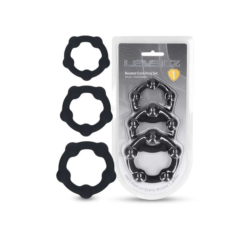 SHOTS Beaded Silicone Cock Ring Set of 3 in black, displayed with packaging and three beaded silicone rings