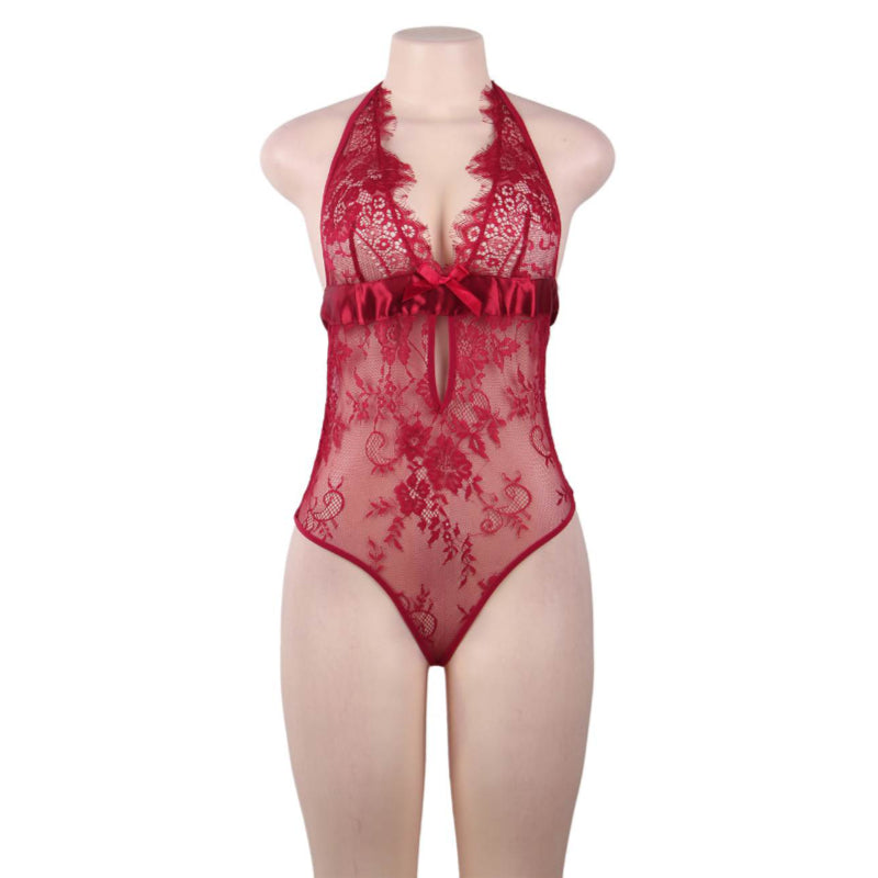 Teddy - 1 Pc Red Deep V Backless Exquisite Lace Sleepwear