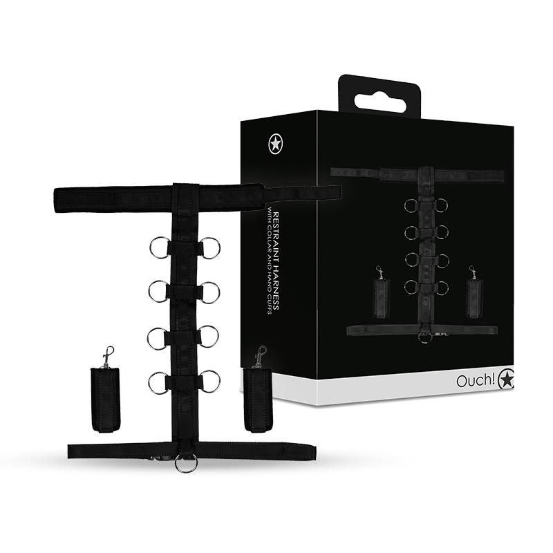 SHOTS Ouch! Restraint Harness with Collar and Hand Cuffs - Black