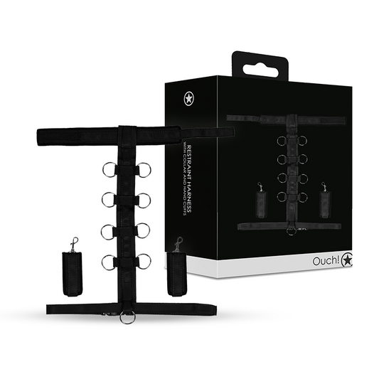 SHOTS Ouch! Restraint Harness with Collar and Hand Cuffs - Black