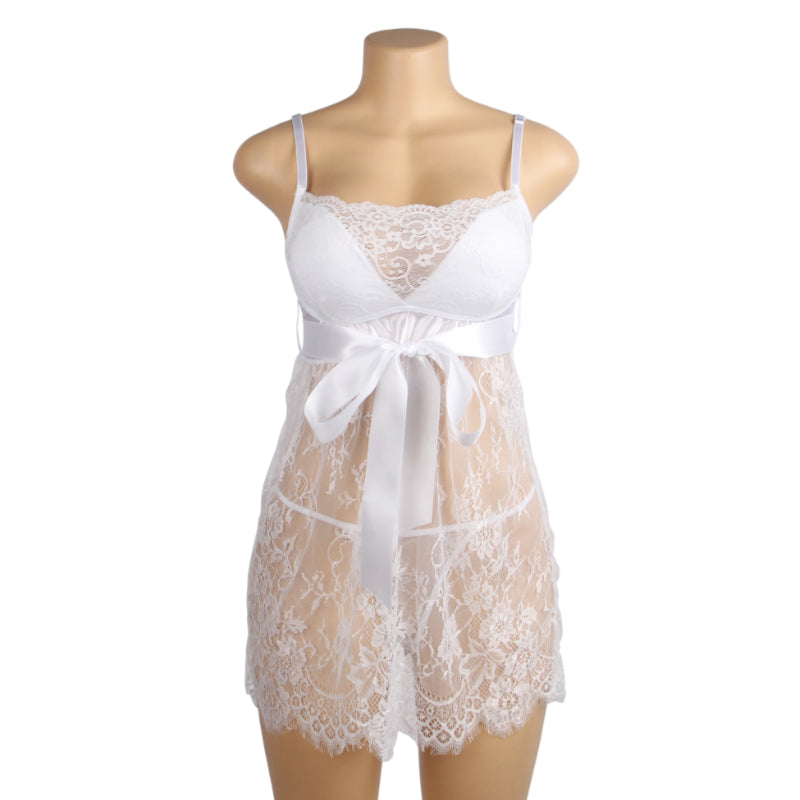 Babydoll - 3 Pcs Lace Sexy Push Up Sleepwear with Ribbon Belt