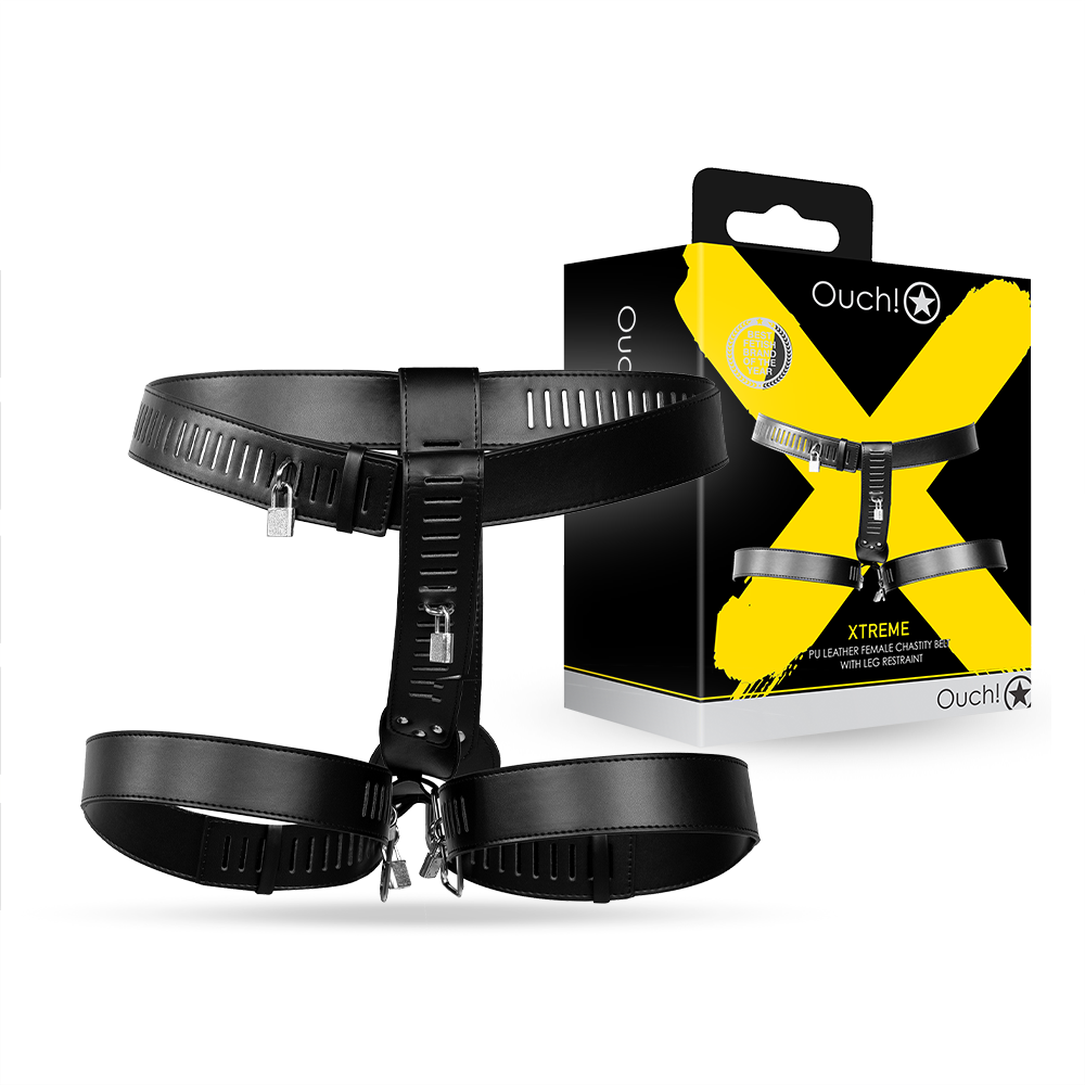 SHOTS Ouch! PU Leather Female Chastity Belt with Leg Restraint