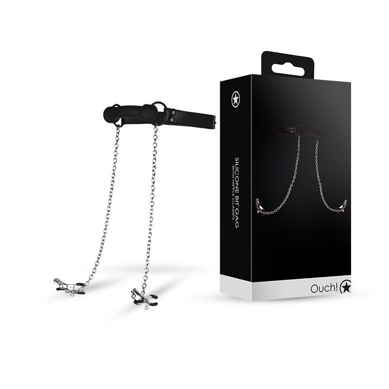 SHOTS Ouch! -Silicone Bit Gag with Nipple Clamps - Black