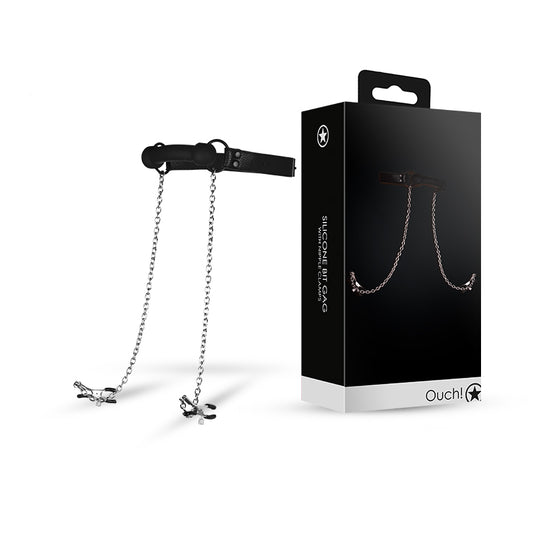 SHOTS Ouch! -Silicone Bit Gag with Nipple Clamps - Black