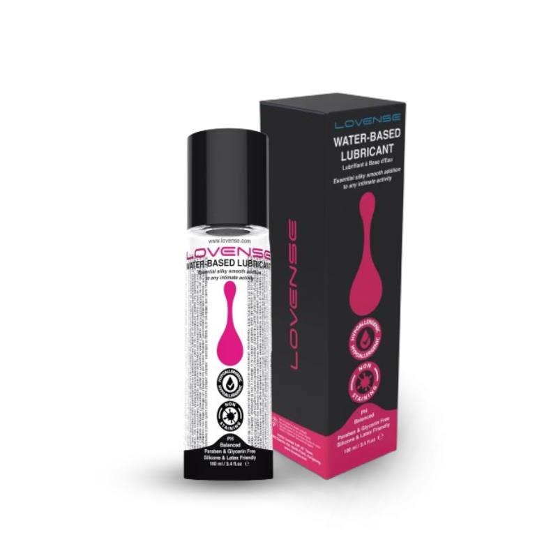 Angled view of lubricant bottle and matching black and pink packaging box.