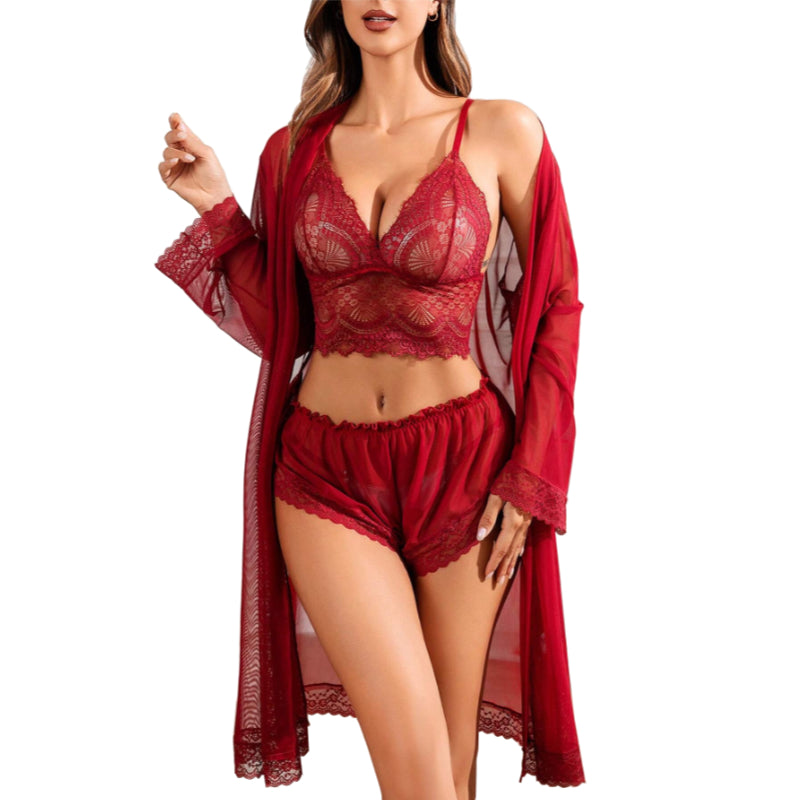 Cami Set - 3 Pcs Red Lace Deep V Sleepwear with Overcoat