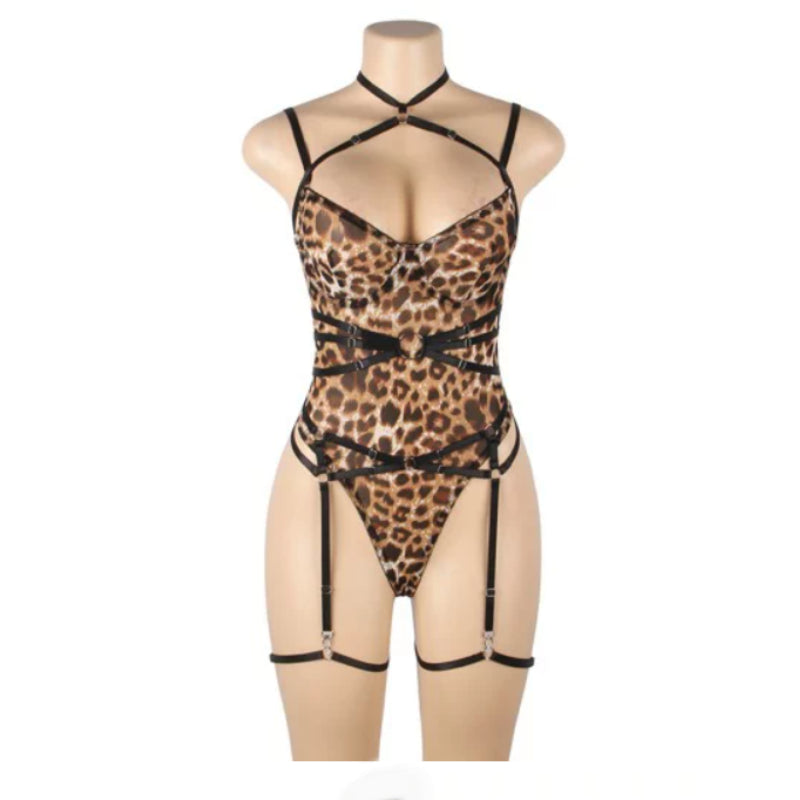 Bodysuit - 1 Pc Leopard Strappy Bondage Bodysuit