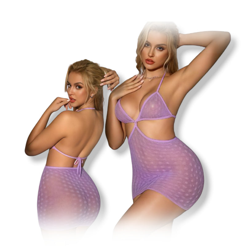 Bodystocking - 1 Pc Seductive Purple Sheer Halter Neck Backless Fishnet Lingerie