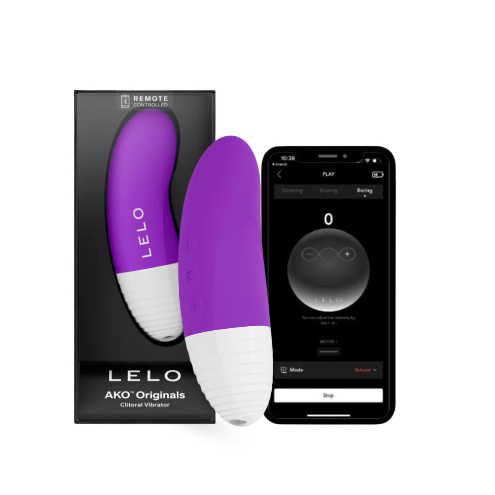 Purple app-controlled clitoral vibrator beside branded box and smartphone displaying vibration control screen.