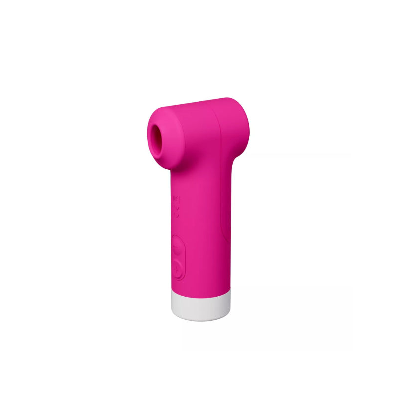 Bright pink clitoral suction vibrator with ergonomic curved handheld silicone design