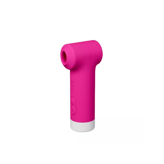 Bright pink clitoral suction vibrator with ergonomic curved handheld silicone design