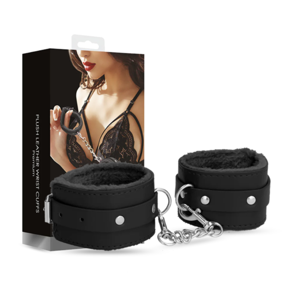 SHOTS Ouch! Plush Leather Handcuffs - Black