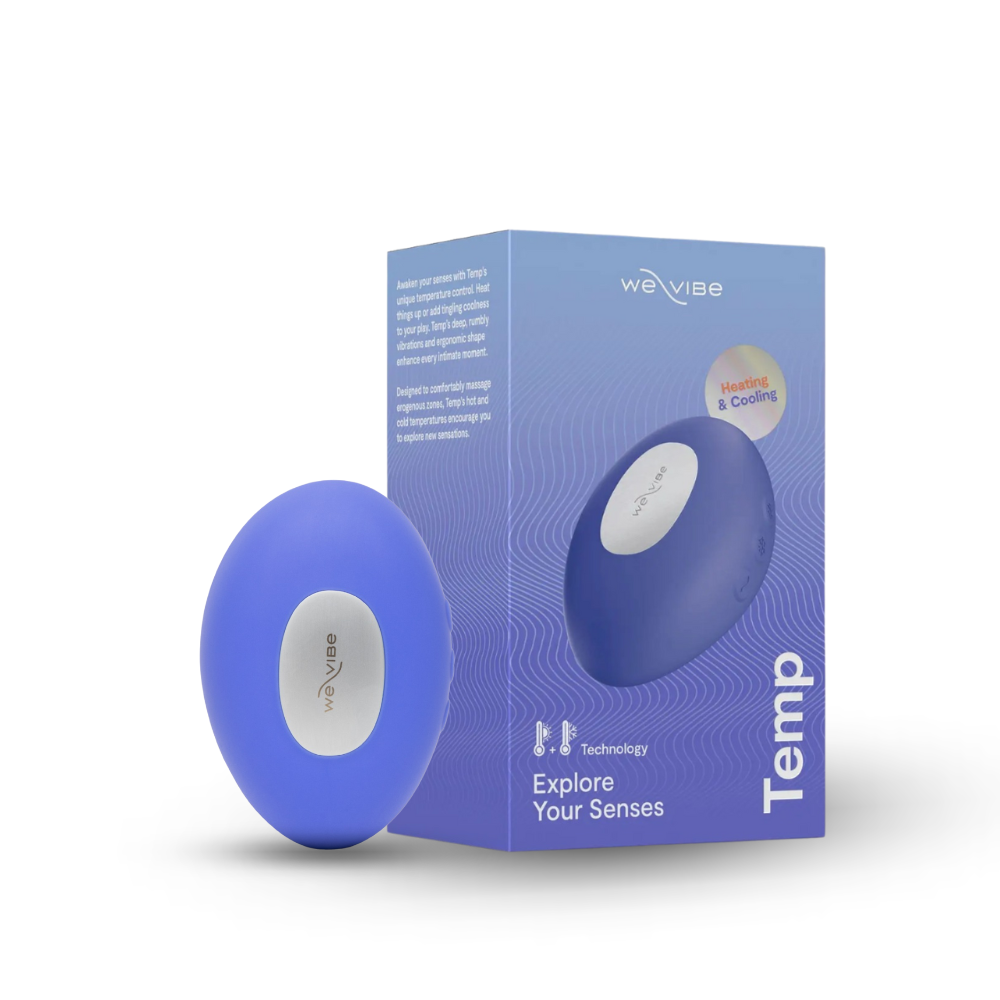 We-Vibe Temp vibrator in lavender blue with retail packaging and box design