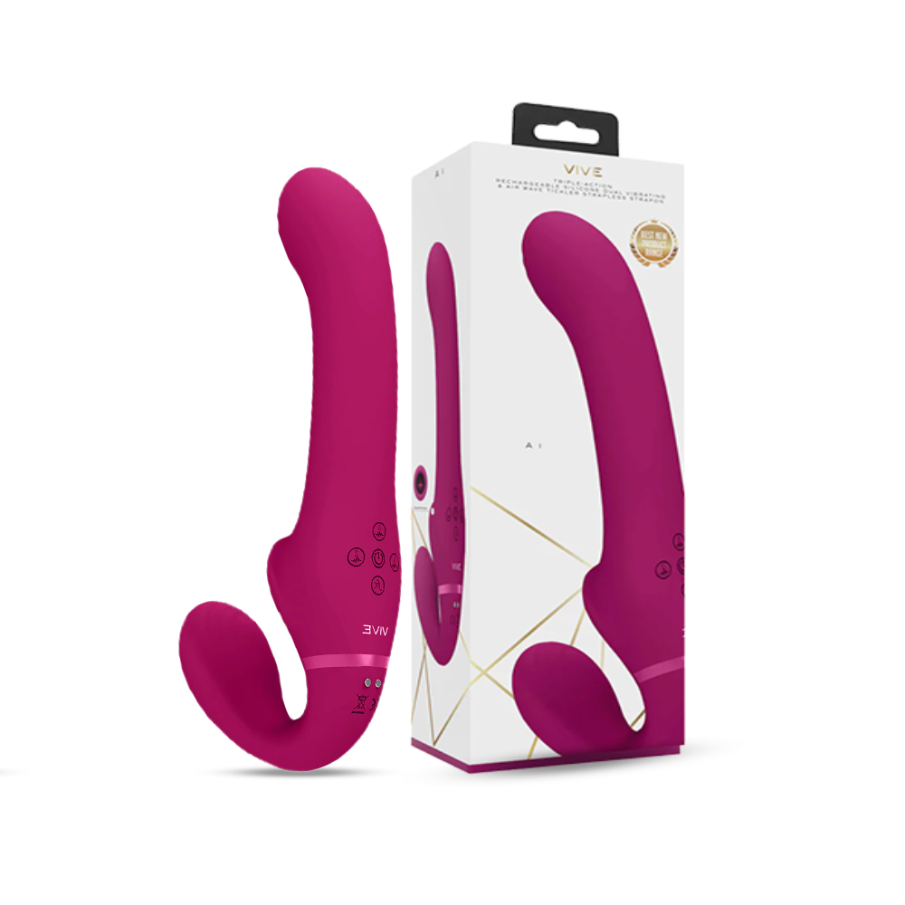 SHOTS - Ai Dual Vibrating & Air Wave Tickler Strapless Strap On - Pink