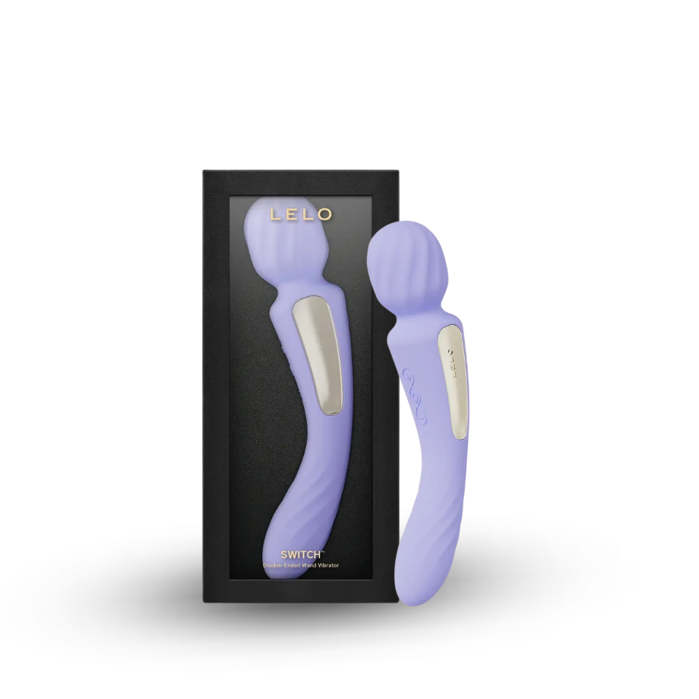 Lelo Switch lilac double-sided wand vibrator displayed with black box packaging.
