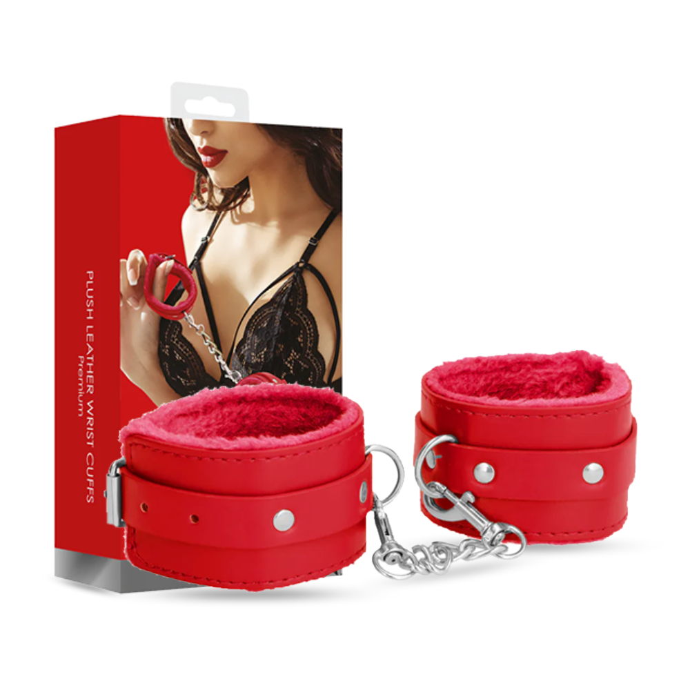SHOTS Ouch! Plush Leather Handcuffs - Red